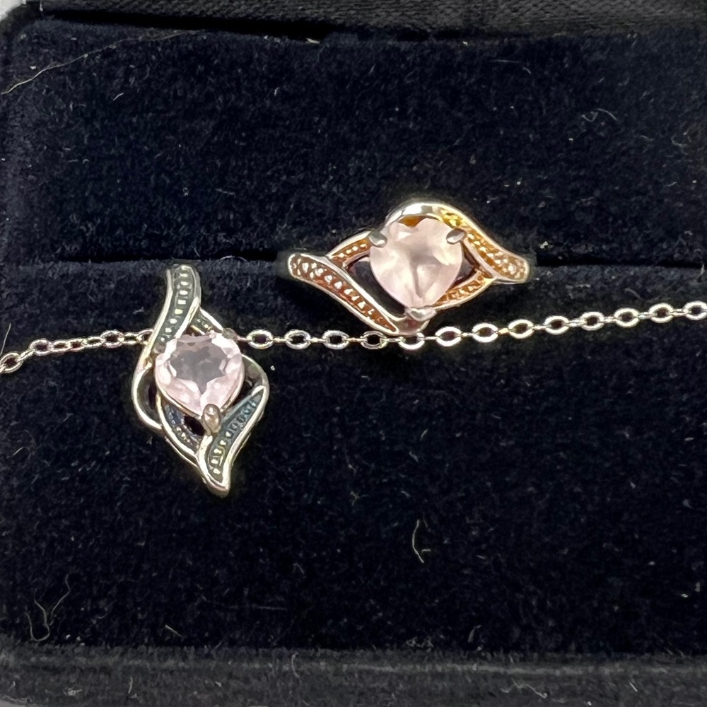 RJ Sterling Silver 925 Heart Blue Stone Ring Size 6 and Necklace Jewelry Set - Picture 9 of 16